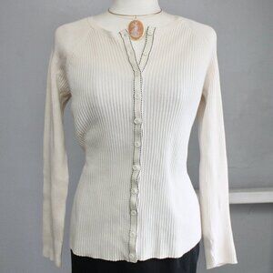 Jones New York VTG Y2K Cream Cotton Ribbed Button Cardigan Sweater Size Large